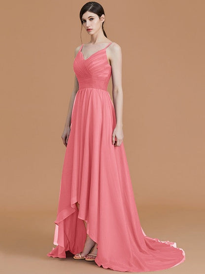 Charming Spaghetti Straps Sleeveless Asymmetrical Ruffles Chiffon Bridesmaid Dresses