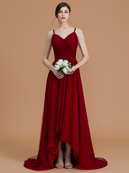 Charming Spaghetti Straps Sleeveless Asymmetrical Ruffles Chiffon Bridesmaid Dresses