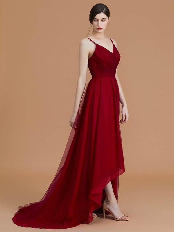 Charming Spaghetti Straps Sleeveless Asymmetrical Ruffles Chiffon Bridesmaid Dresses