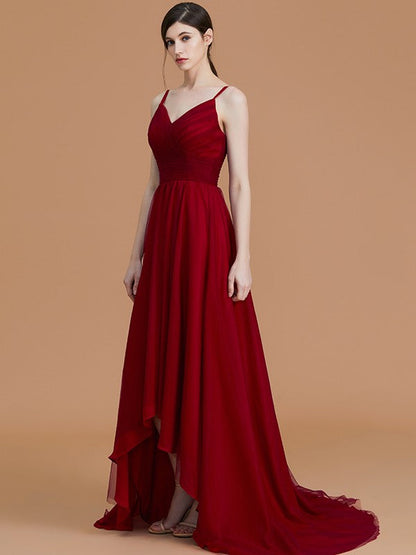 Charming Spaghetti Straps Sleeveless Asymmetrical Ruffles Chiffon Bridesmaid Dresses