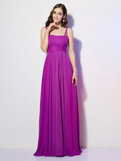 Charming Spaghetti Straps Sleeveless Pleats Long Chiffon Bridesmaid Dresses