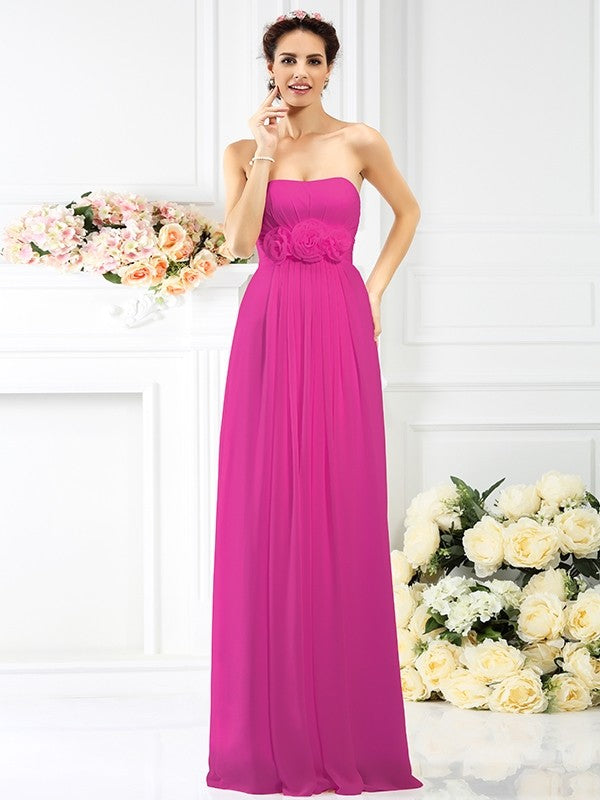 Charming Strapless Hand-Made Flower Sleeveless Long Chiffon Bridesmaid Dresses