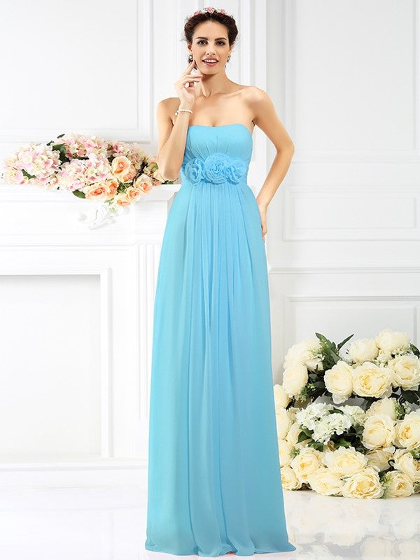 Charming Strapless Hand-Made Flower Sleeveless Long Chiffon Bridesmaid Dresses