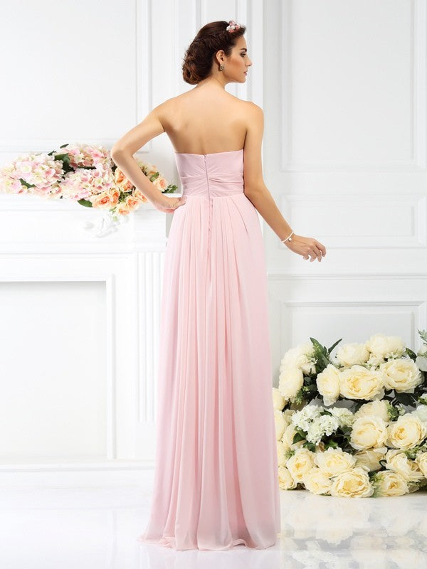 Charming Strapless Hand-Made Flower Sleeveless Long Chiffon Bridesmaid Dresses