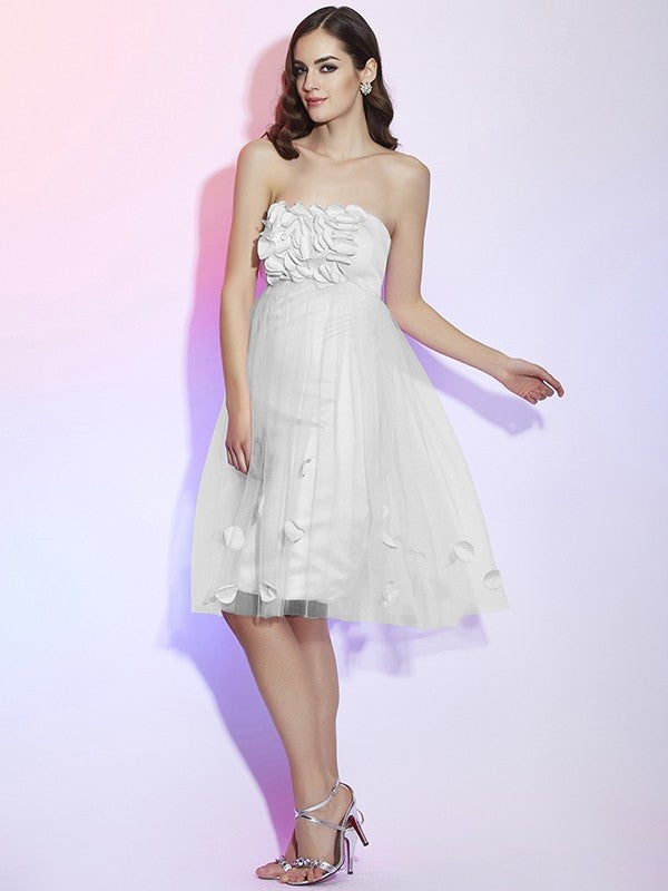 Charming Strapless Sleeveless Hand-Made Flower Short Net Bridesmaid Dresses