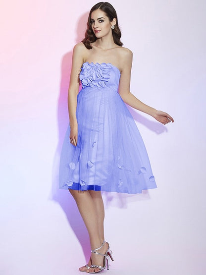 Charming Strapless Sleeveless Hand-Made Flower Short Net Bridesmaid Dresses