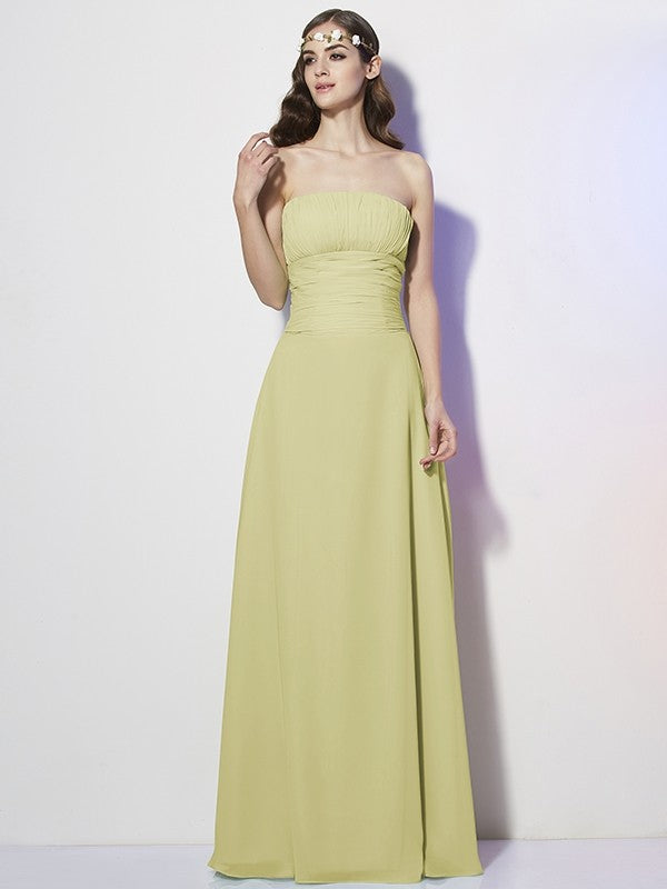 Charming Strapless Sleeveless Pleats Long Chiffon Bridesmaid Dresses