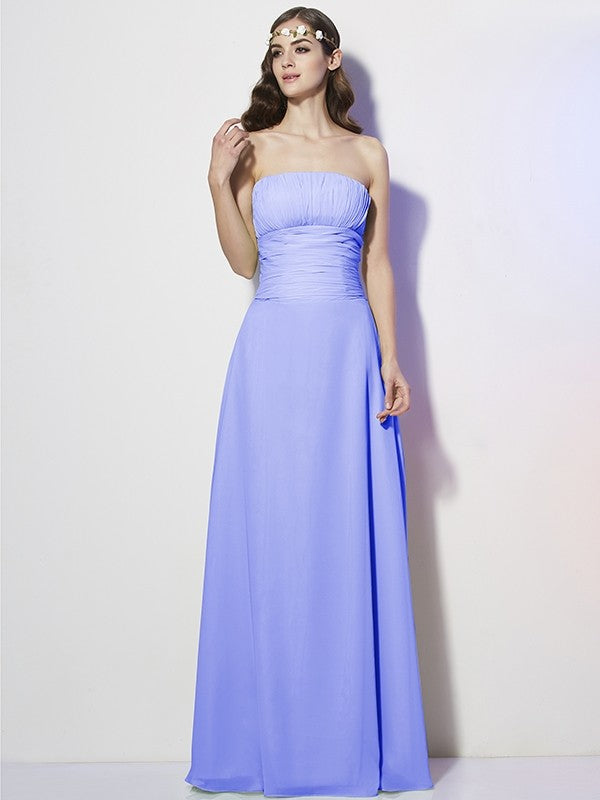 Charming Strapless Sleeveless Pleats Long Chiffon Bridesmaid Dresses