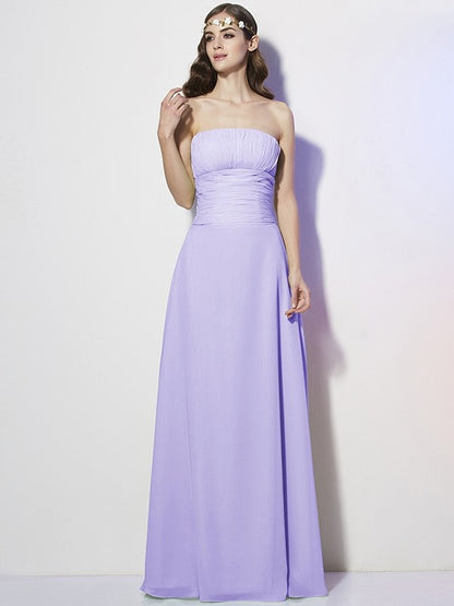 Charming Strapless Sleeveless Pleats Long Chiffon Bridesmaid Dresses