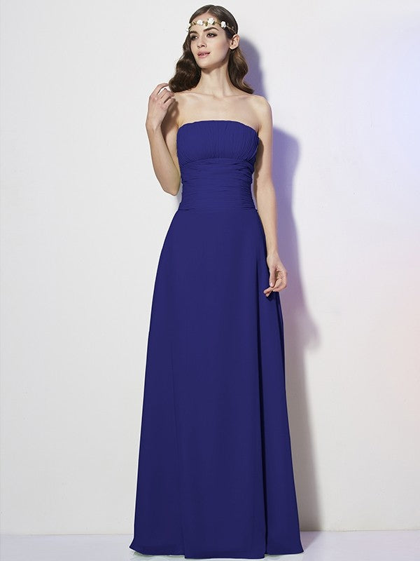 Charming Strapless Sleeveless Pleats Long Chiffon Bridesmaid Dresses