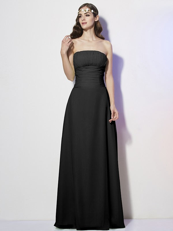 Charming Strapless Sleeveless Pleats Long Chiffon Bridesmaid Dresses