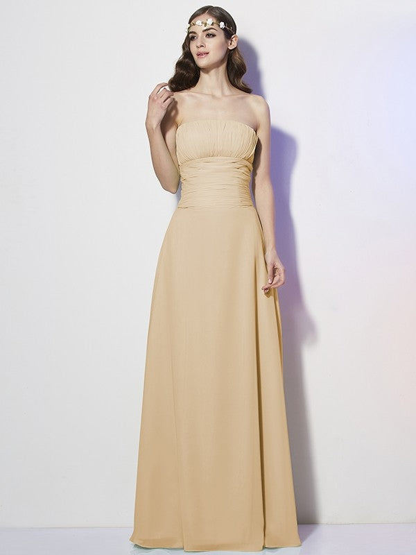 Charming Strapless Sleeveless Pleats Long Chiffon Bridesmaid Dresses