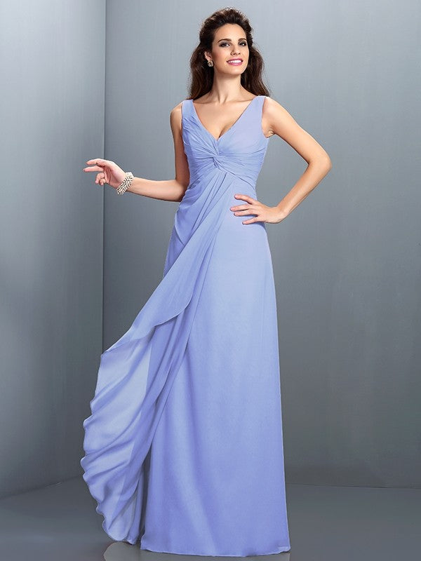 Charming Straps Pleats Sleeveless Long Chiffon Bridesmaid Dresses