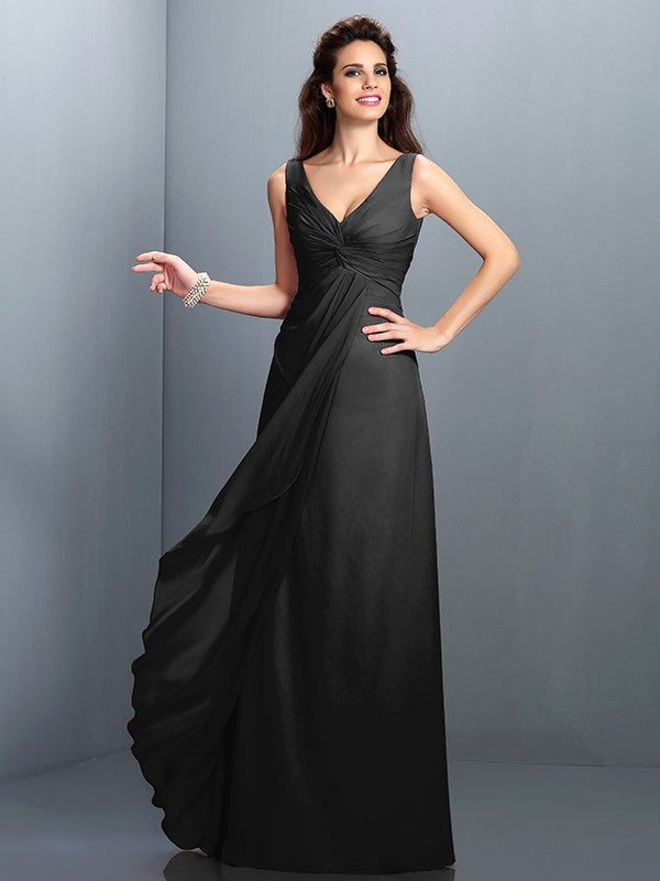 Charming Straps Pleats Sleeveless Long Chiffon Bridesmaid Dresses