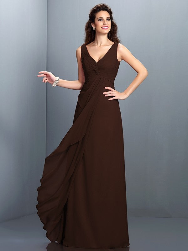 Charming Straps Pleats Sleeveless Long Chiffon Bridesmaid Dresses