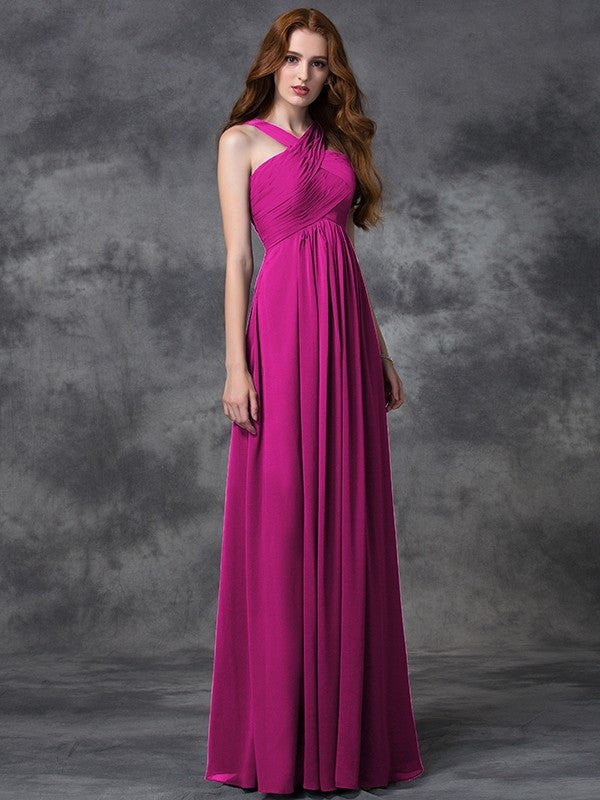 Charming Straps Ruched Sleeveless Long Chiffon Bridesmaid Dresses