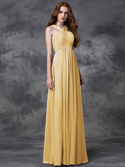 Charming Straps Ruched Sleeveless Long Chiffon Bridesmaid Dresses