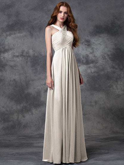 Charming Straps Ruched Sleeveless Long Chiffon Bridesmaid Dresses