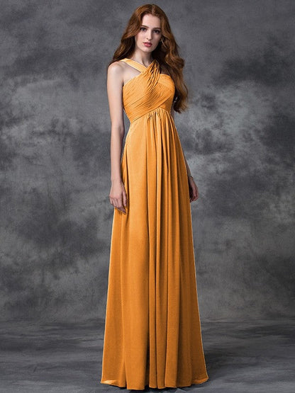 Charming Straps Ruched Sleeveless Long Chiffon Bridesmaid Dresses