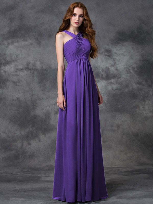 Charming Straps Ruched Sleeveless Long Chiffon Bridesmaid Dresses