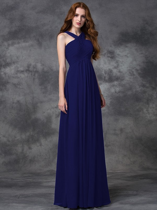 Charming Straps Ruched Sleeveless Long Chiffon Bridesmaid Dresses