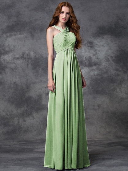 Charming Straps Ruched Sleeveless Long Chiffon Bridesmaid Dresses