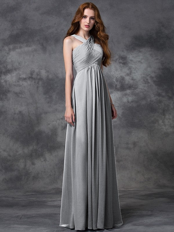 Charming Straps Ruched Sleeveless Long Chiffon Bridesmaid Dresses