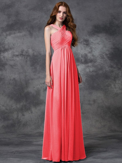 Charming Straps Ruched Sleeveless Long Chiffon Bridesmaid Dresses