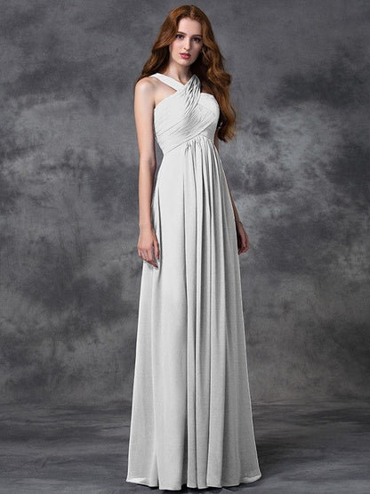 Charming Straps Ruched Sleeveless Long Chiffon Bridesmaid Dresses