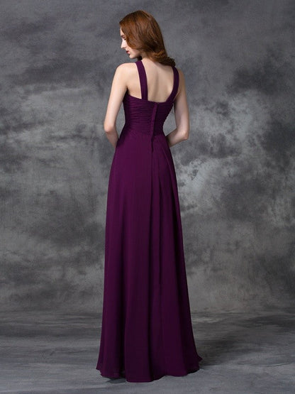 Charming Straps Ruched Sleeveless Long Chiffon Bridesmaid Dresses