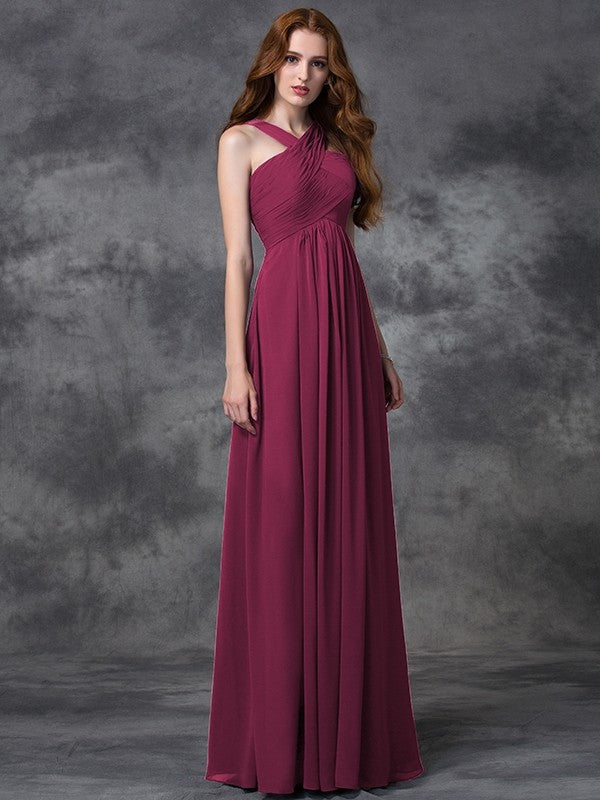 Charming Straps Ruched Sleeveless Long Chiffon Bridesmaid Dresses