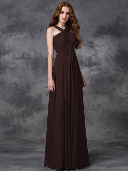 Charming Straps Ruched Sleeveless Long Chiffon Bridesmaid Dresses