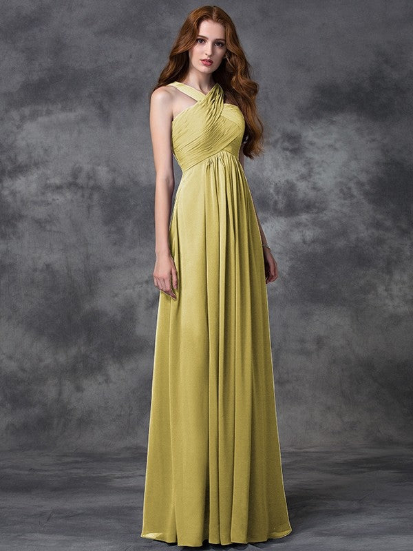 Charming Straps Ruched Sleeveless Long Chiffon Bridesmaid Dresses