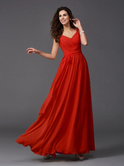 Charming Straps Sash/Ribbon/Belt Sleeveless Long Chiffon Bridesmaid Dresses