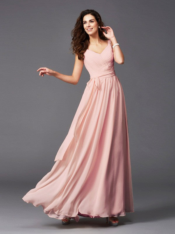 Charming Straps Sash/Ribbon/Belt Sleeveless Long Chiffon Bridesmaid Dresses