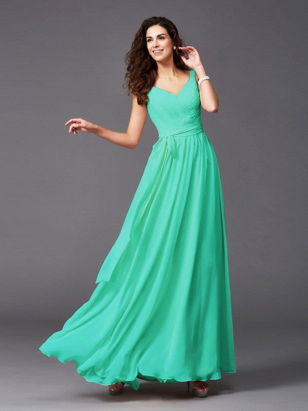 Charming Straps Sash/Ribbon/Belt Sleeveless Long Chiffon Bridesmaid Dresses