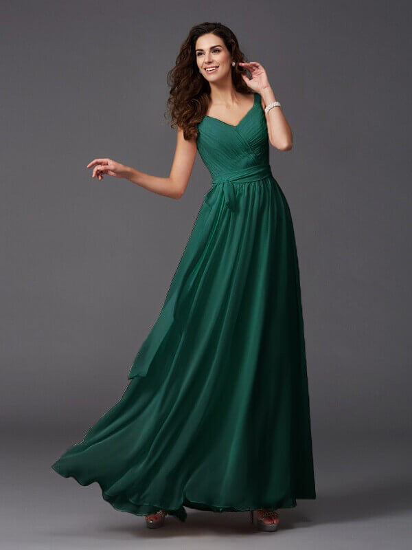 Charming Straps Sash/Ribbon/Belt Sleeveless Long Chiffon Bridesmaid Dresses