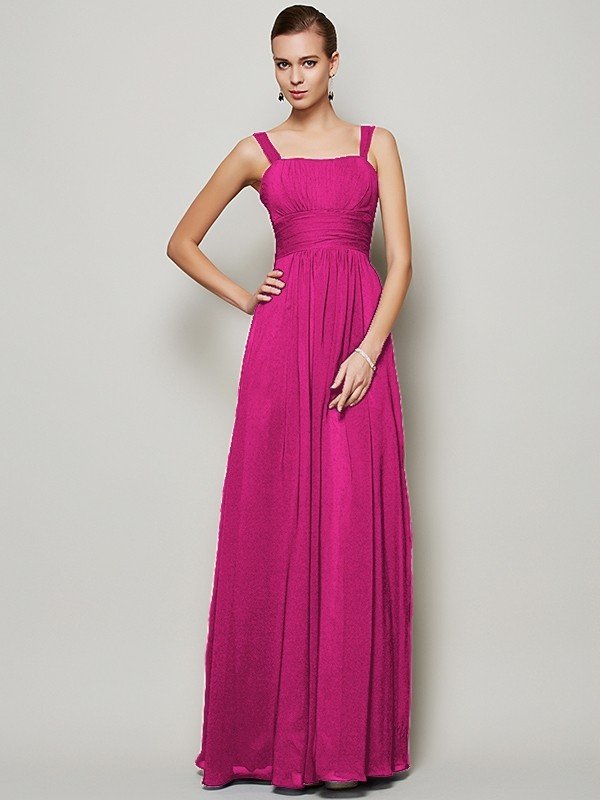 Charming Straps Sleeveless Pleats Long Chiffon Bridesmaid Dresses