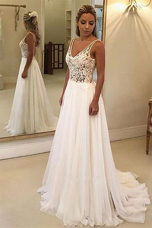 Charming V Neck Sleeveless Wedding Dress With Lace Appliques