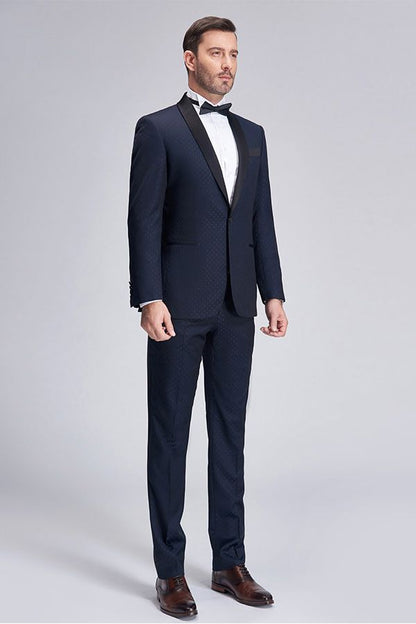 Chic  Blue Dots Shawl Lapel Wedding Tuxedos Dark Navy Wedding Suits for Men