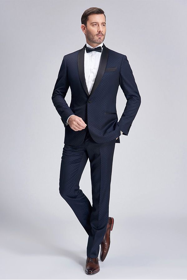 Chic  Blue Dots Shawl Lapel Wedding Tuxedos Dark Navy Wedding Suits for Men