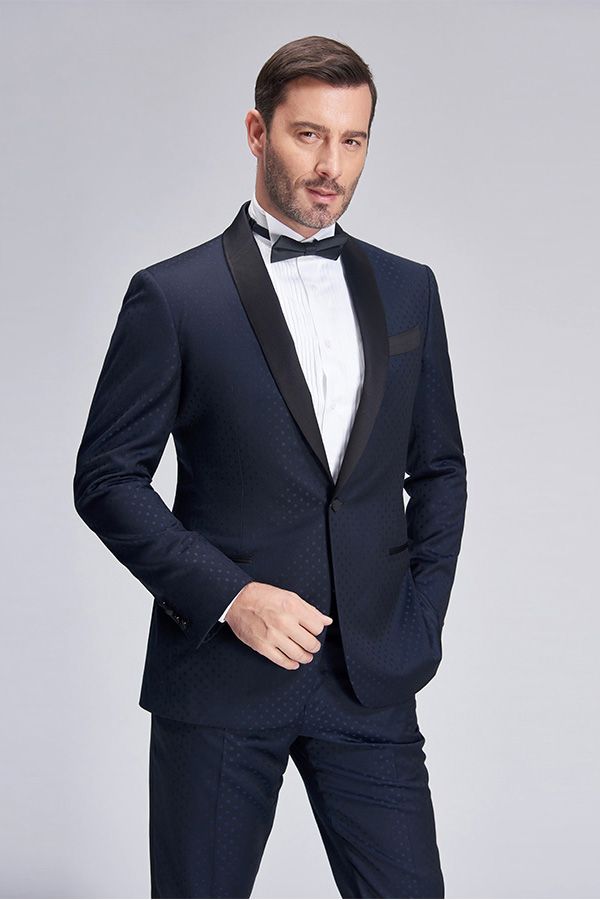 Chic  Blue Dots Shawl Lapel Wedding Tuxedos Dark Navy Wedding Suits for Men