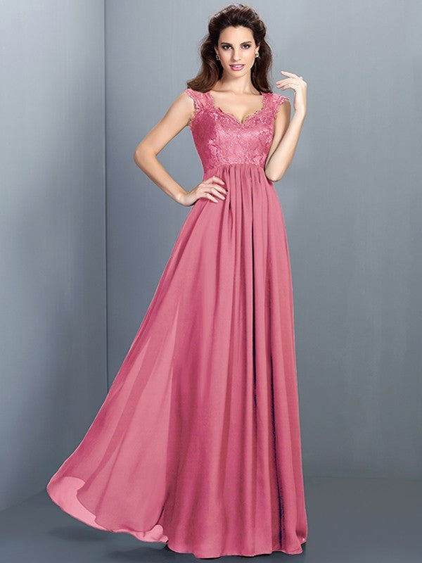 Chic Lace Sleeveless Long Chiffon Bridesmaid Dresses