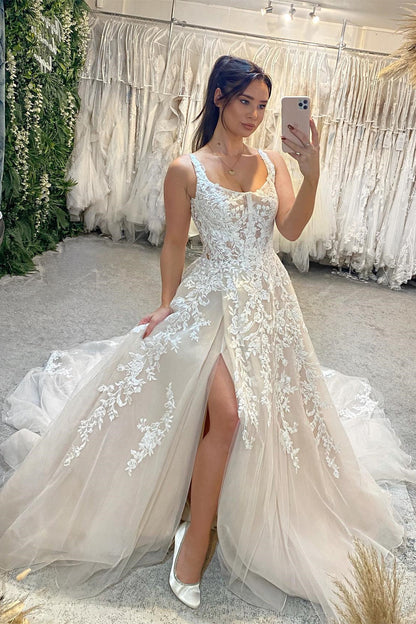 Chic Long Sleeveless Lace Wedding Dress Long Slit Online