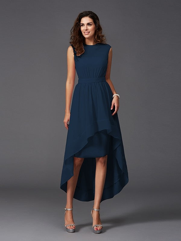 Chic Sash/Ribbon/Belt Sleeveless High Low Chiffon Bridesmaid Dresses