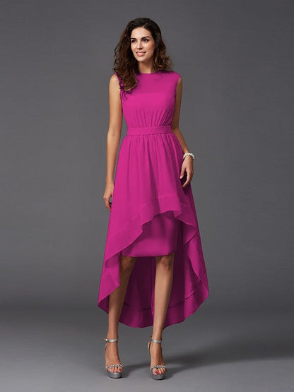 Chic Sash/Ribbon/Belt Sleeveless High Low Chiffon Bridesmaid Dresses