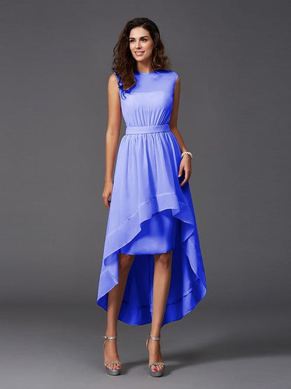 Chic Sash/Ribbon/Belt Sleeveless High Low Chiffon Bridesmaid Dresses