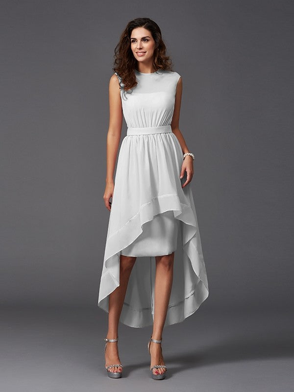 Chic Sash/Ribbon/Belt Sleeveless High Low Chiffon Bridesmaid Dresses