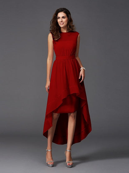 Chic Sash/Ribbon/Belt Sleeveless High Low Chiffon Bridesmaid Dresses