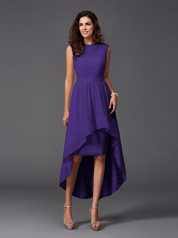 Chic Sash/Ribbon/Belt Sleeveless High Low Chiffon Bridesmaid Dresses